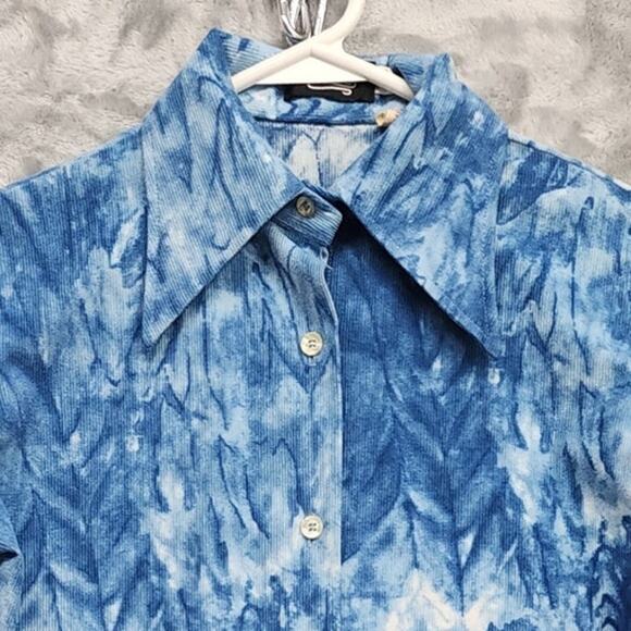 Vintage 70s Tucci Top Womens 7/8 Blue White Corduroy Dagger Collar Long Sleeves - Picture 3 of 13